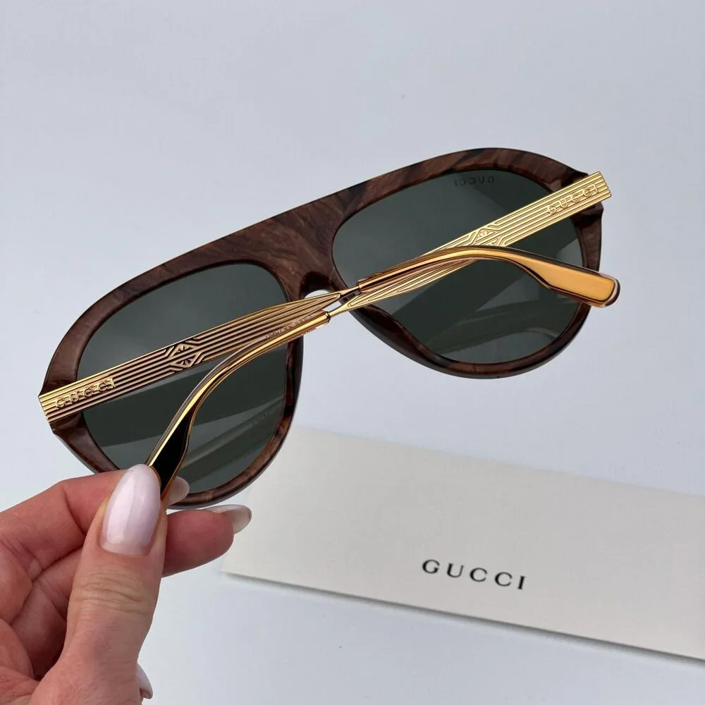 Gucci Men BRAND NEW Sunglasses Black Gold Havana Grey Aviator GG1515S 001